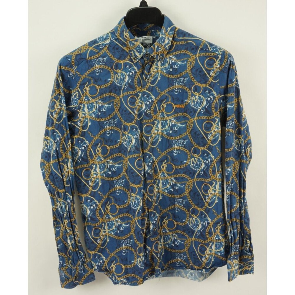 Dario Beltran Spain Men's Large Long Sleeve Blue‎ Gold Chain Button Down Shirt